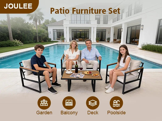 Cozy Backyard Outdoor Seating Group, Sturdy Metal Frame Patio Furniture With Plush Cushions, Loveseat, 2 Armchairs And Faux‑Wood Coffee Table, Customizable Layout Conversation Furniture, 4‑Pieces For Terrace, Yard, Garden