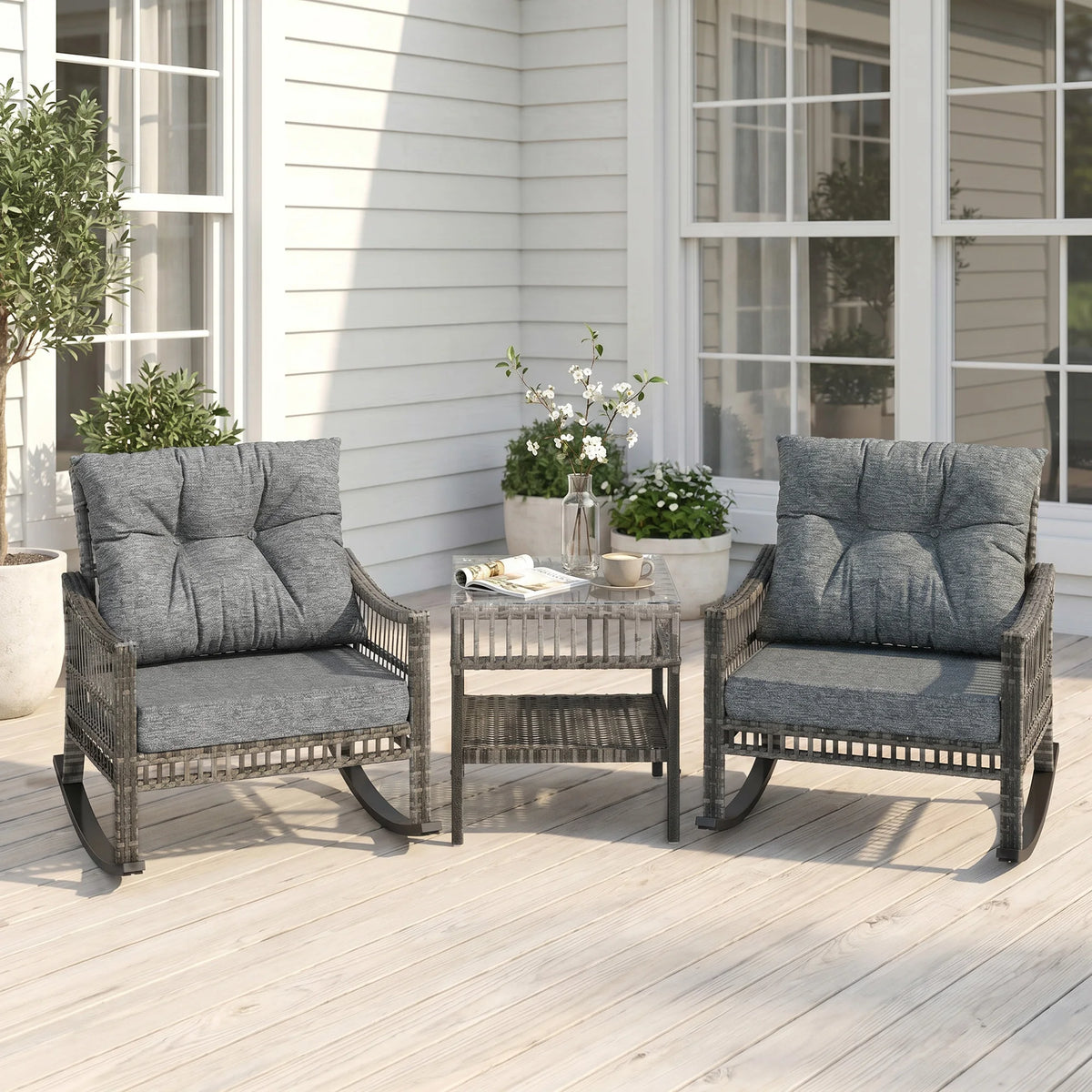 3 Pieces Pe Rattan Rocking Chair Set for Outdoor, Grey