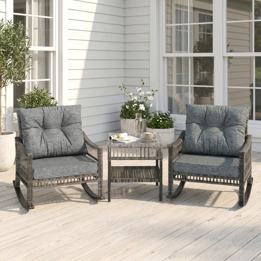 3 Pieces Pe Rattan Rocking Chair Set for Outdoor, Grey