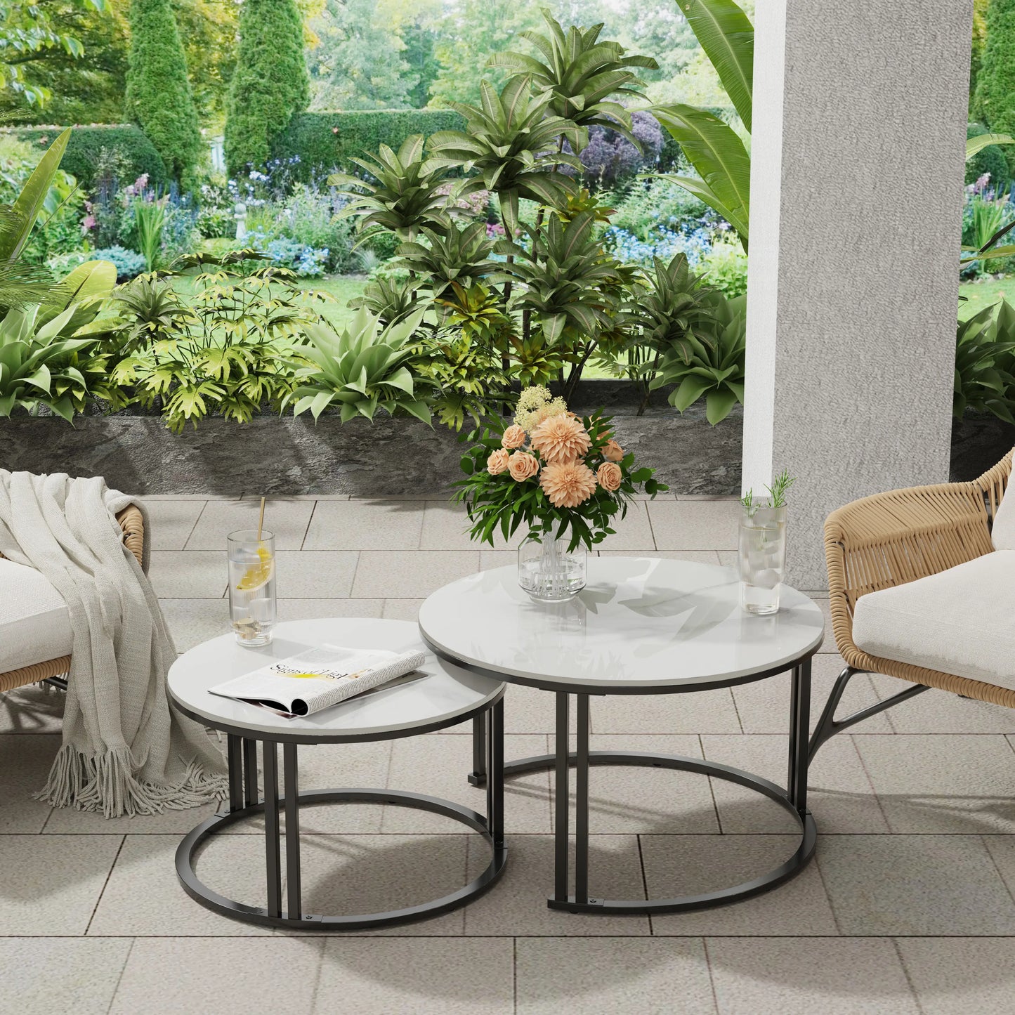 Circle Nesting Coffee Table Set of 2, Modern Chic Round Nested Center Coffee Table with Sinter Stone-top Stacked Sofa Side Table
