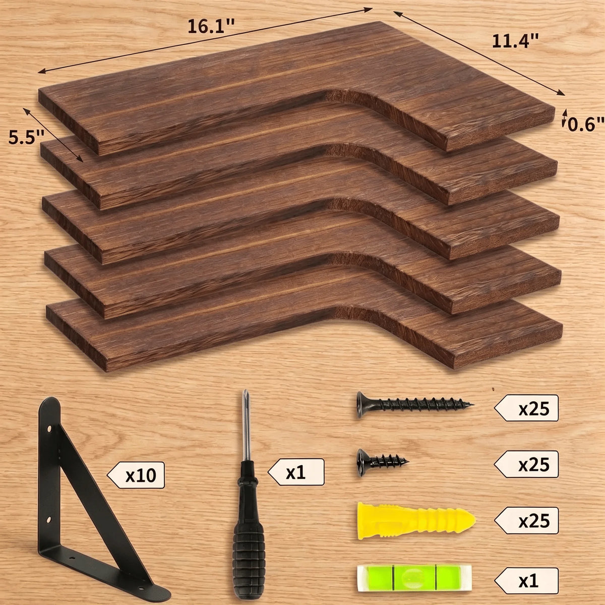 Corner Floating Shelves Set of 5, Rustic Wood Wall Shelves with Triangle Brackets, L-Shaped Corner Shelf for Bedroom Living Room Bathroom, Espresso Brown, 16.1 x 11.4 Inch