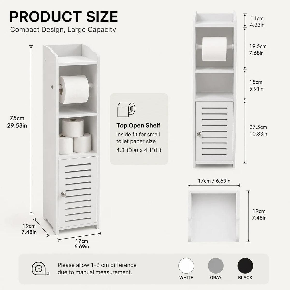 Slim Bathroom Storage Cabinet with Toilet Paper Holder, Narrow PVC Floor Storage Organizer with Shelves and Door, Space-Saving Freestanding Toilet Paper Storage Rack for Small Bathrooms
