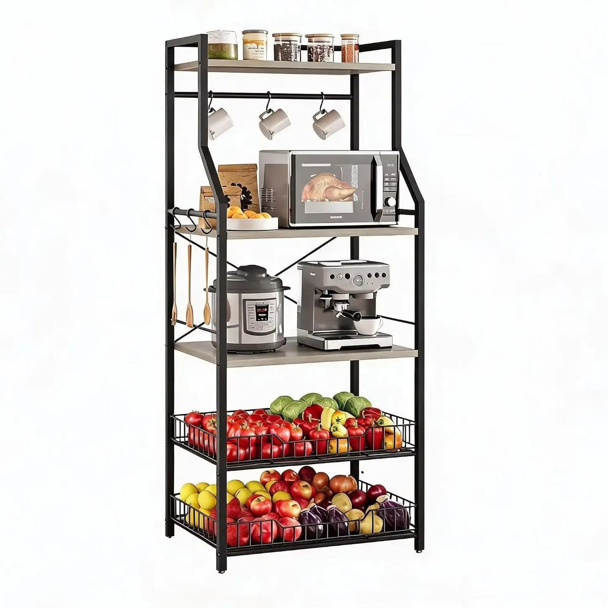5 Tier Kitchen Bakers Rack with Microwave Stand Coffee Bar Station Freestanding Storage Shelf with Wire Baskets Hooks Industrial Style Organizer for Kitchen Apartment Pantry