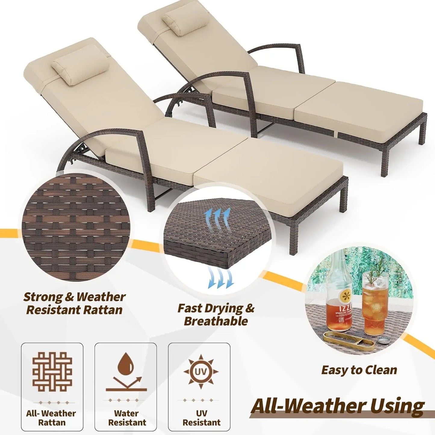 Outdoor PE Wicker Chaise Lounge Chair Set of 2, Patio 5-Position Adjustable Reclining Chairs with Wheels, Thick, Customized
