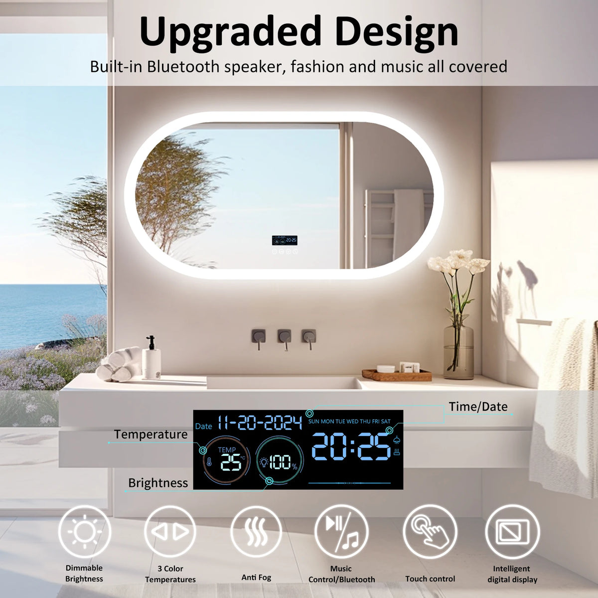 Oval LED Bathroom Mirror with Bluetooth Speaker Backlit Dimmable Wall Vanity Mirror, Digital Display, Antifog, 50x80cm, 120x60cm