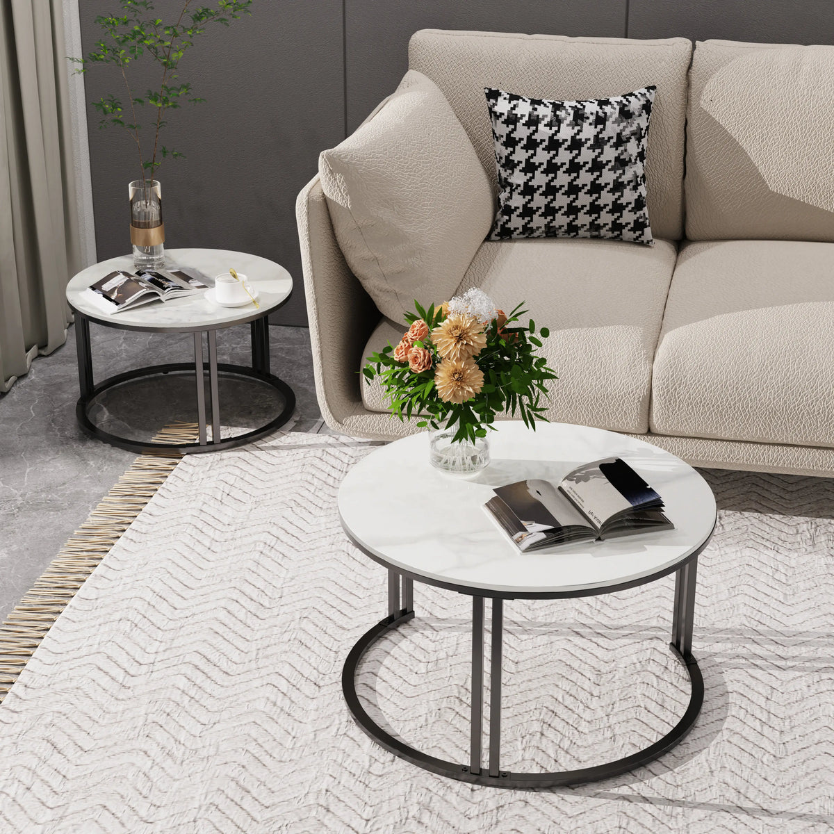 Circle Nesting Coffee Table Set of 2, Modern Chic Round Nested Center Coffee Table with Sinter Stone-top Stacked Sofa Side Table