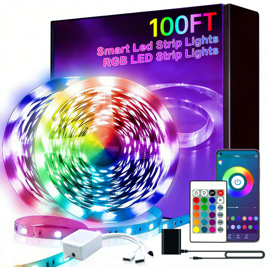 100FT Bedroom LED Strips Light, Color-hanging LED Strips Set, with 24-key Remote Control and Intelligent Application Control, RGB Music Synchronous Lighting, Suitable for Rooms, Home Decoration