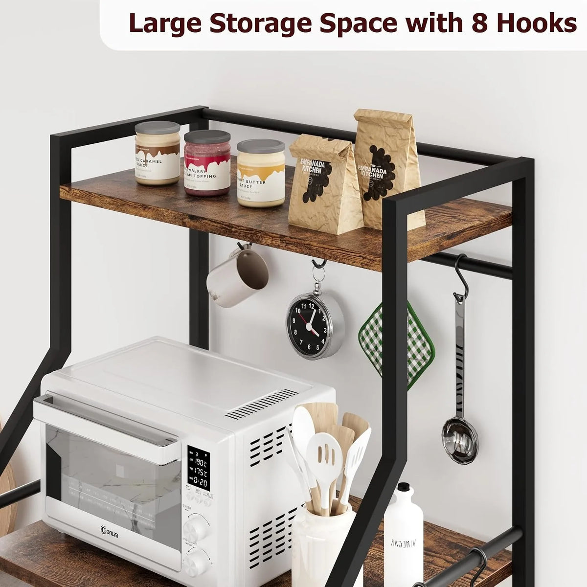 5 Tier Kitchen Bakers Rack with Microwave Stand Coffee Bar Station Freestanding Storage Shelf with Wire Baskets Hooks Industrial Style Organizer for Kitchen Apartment Pantry
