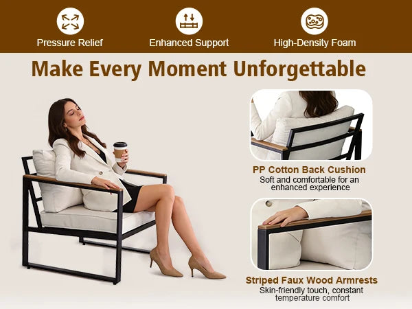Cozy Backyard Outdoor Seating Group, Sturdy Metal Frame Patio Furniture With Plush Cushions, Loveseat, 2 Armchairs And Faux‑Wood Coffee Table, Customizable Layout Conversation Furniture, 4‑Pieces For Terrace, Yard, Garden