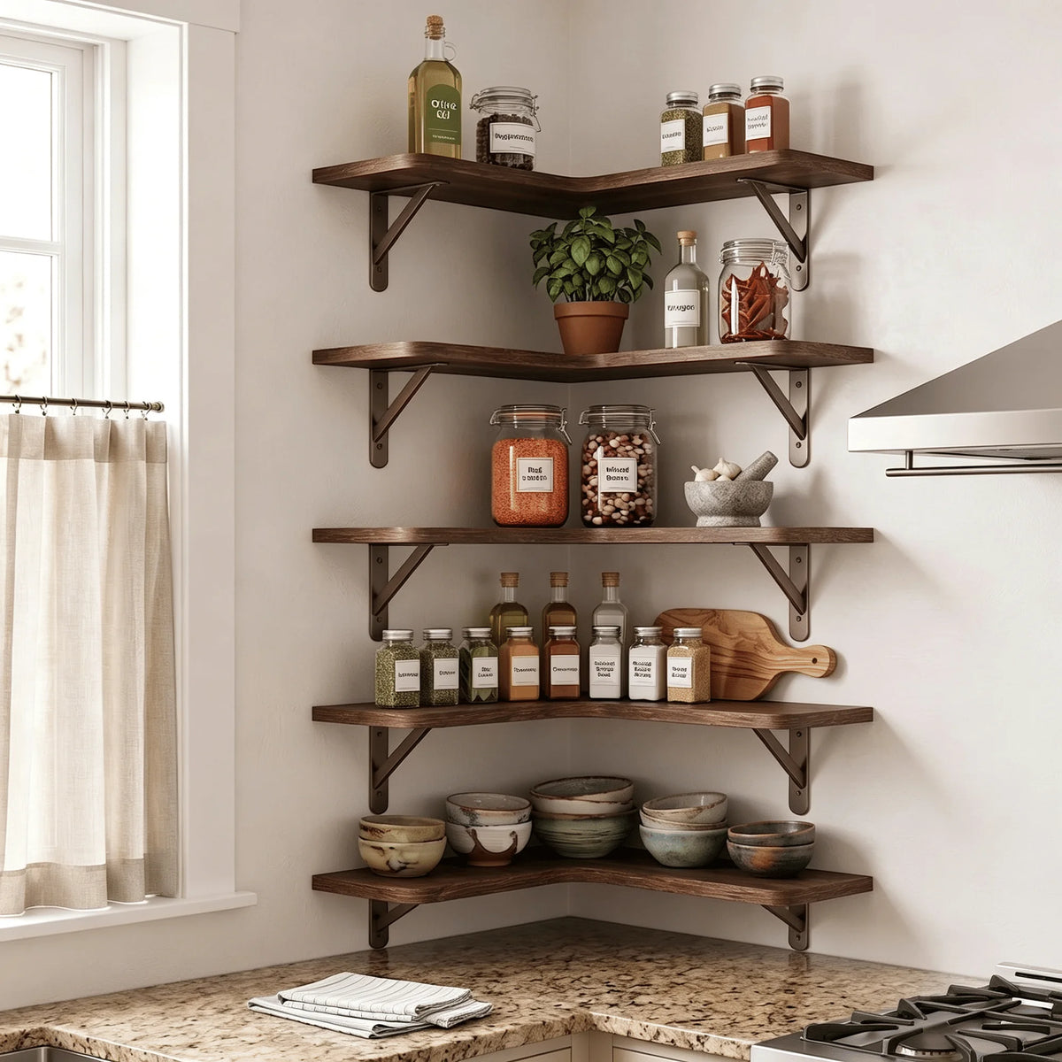 Corner Floating Shelves Set of 5, Rustic Wood Wall Shelves with Triangle Brackets, L-Shaped Corner Shelf for Bedroom Living Room Bathroom, Espresso Brown, 16.1 x 11.4 Inch