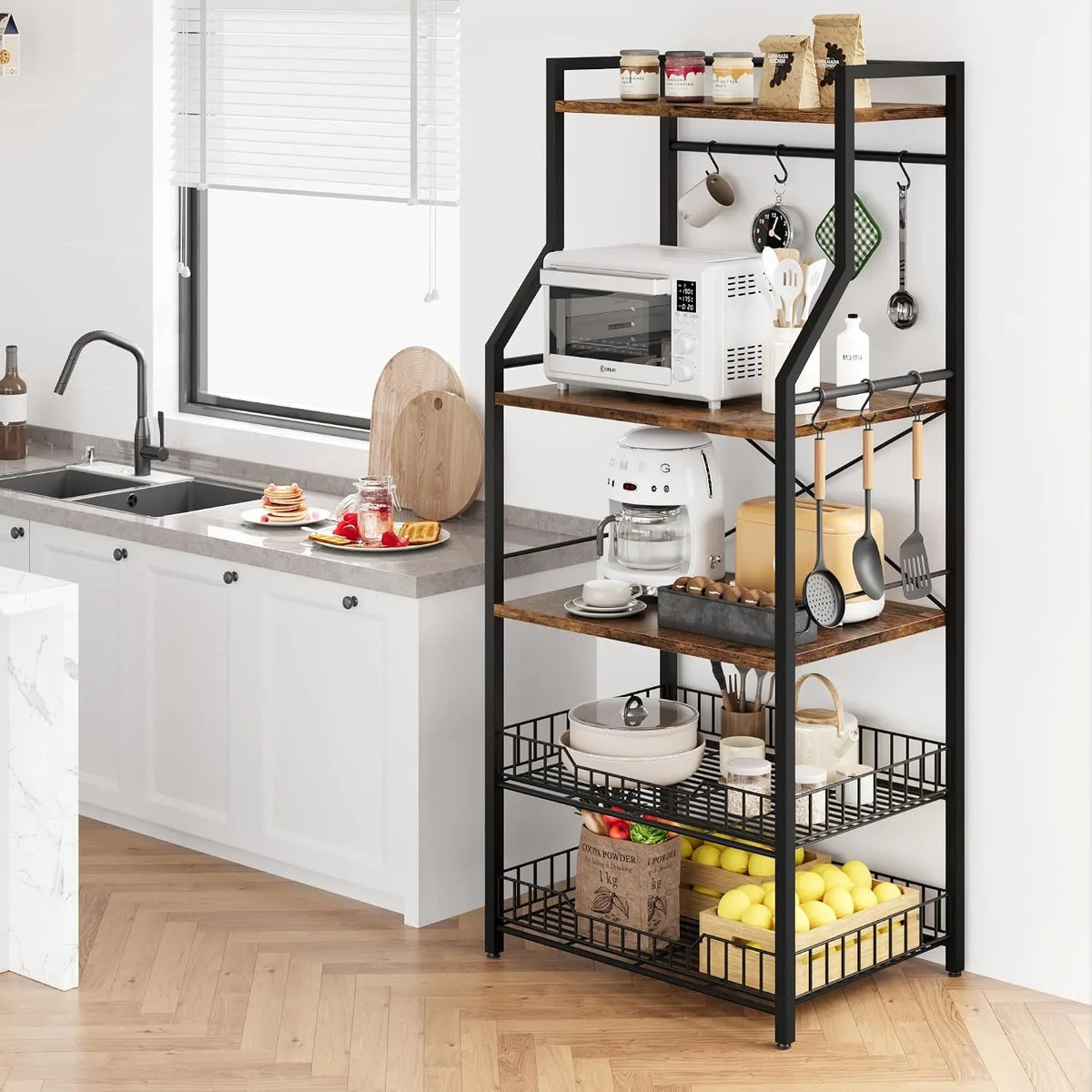 5 Tier Kitchen Bakers Rack with Microwave Stand Coffee Bar Station Freestanding Storage Shelf with Wire Baskets Hooks Industrial Style Organizer for Kitchen Apartment Pantry