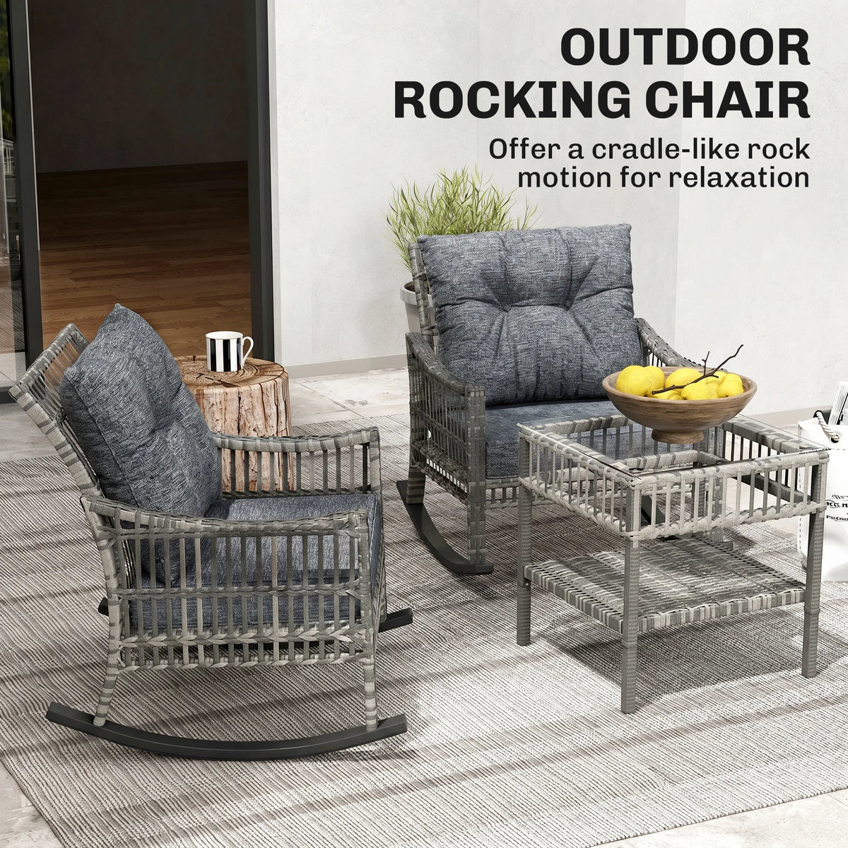 3 Pieces Pe Rattan Rocking Chair Set for Outdoor, Grey