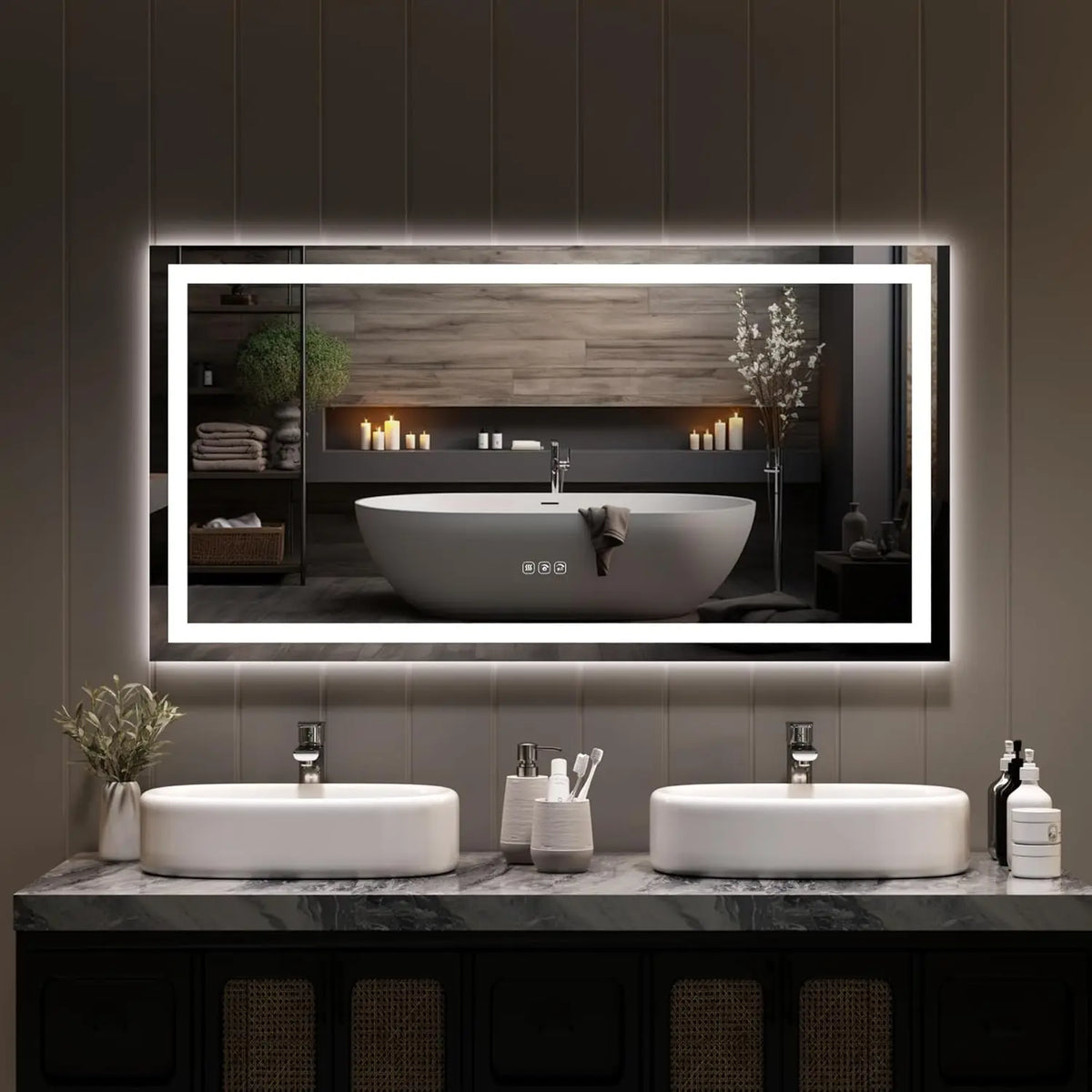 LED Bathroom Mirror with Memory, Stepless Dimmable/Anti-Fog/Shatter-Proof/Front&Backlit, Lighted Vanity Mirror, Wall Mount