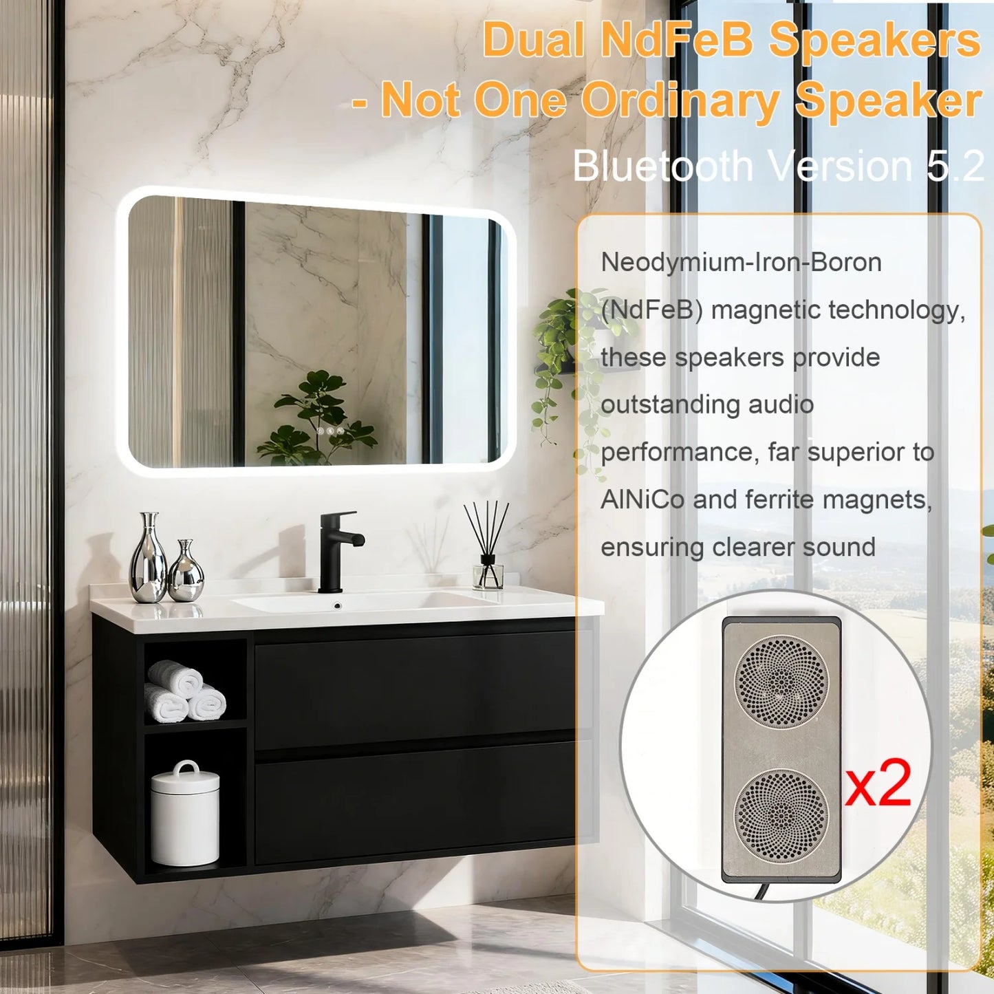 31/35/40/48/63'' Rectangle LED Bathroom Mirror Bluetooth Speaker Anti-Fog Backlight Vanity Mirror Waterproof Dimmable 3 Colors