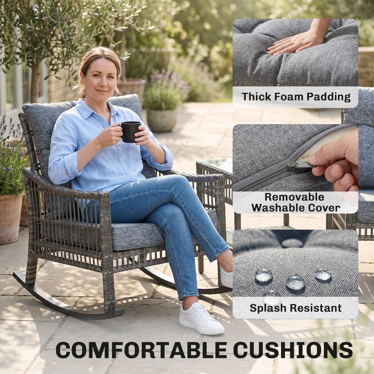 3 Pieces Pe Rattan Rocking Chair Set for Outdoor, Grey
