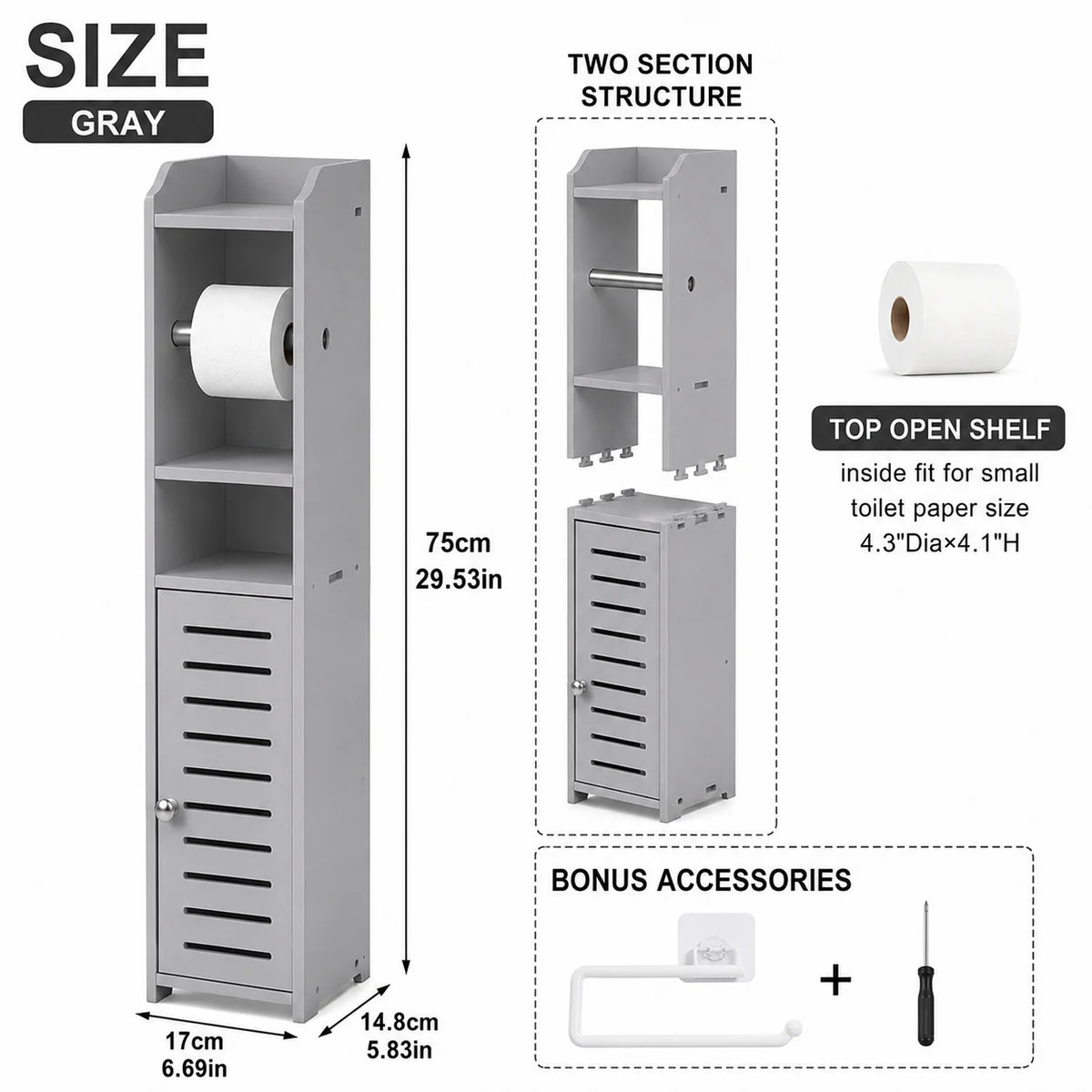 Slim Bathroom Storage Cabinet with Toilet Paper Holder, Narrow PVC Floor Storage Organizer with Shelves and Door, Space-Saving Freestanding Toilet Paper Storage Rack for Small Bathrooms