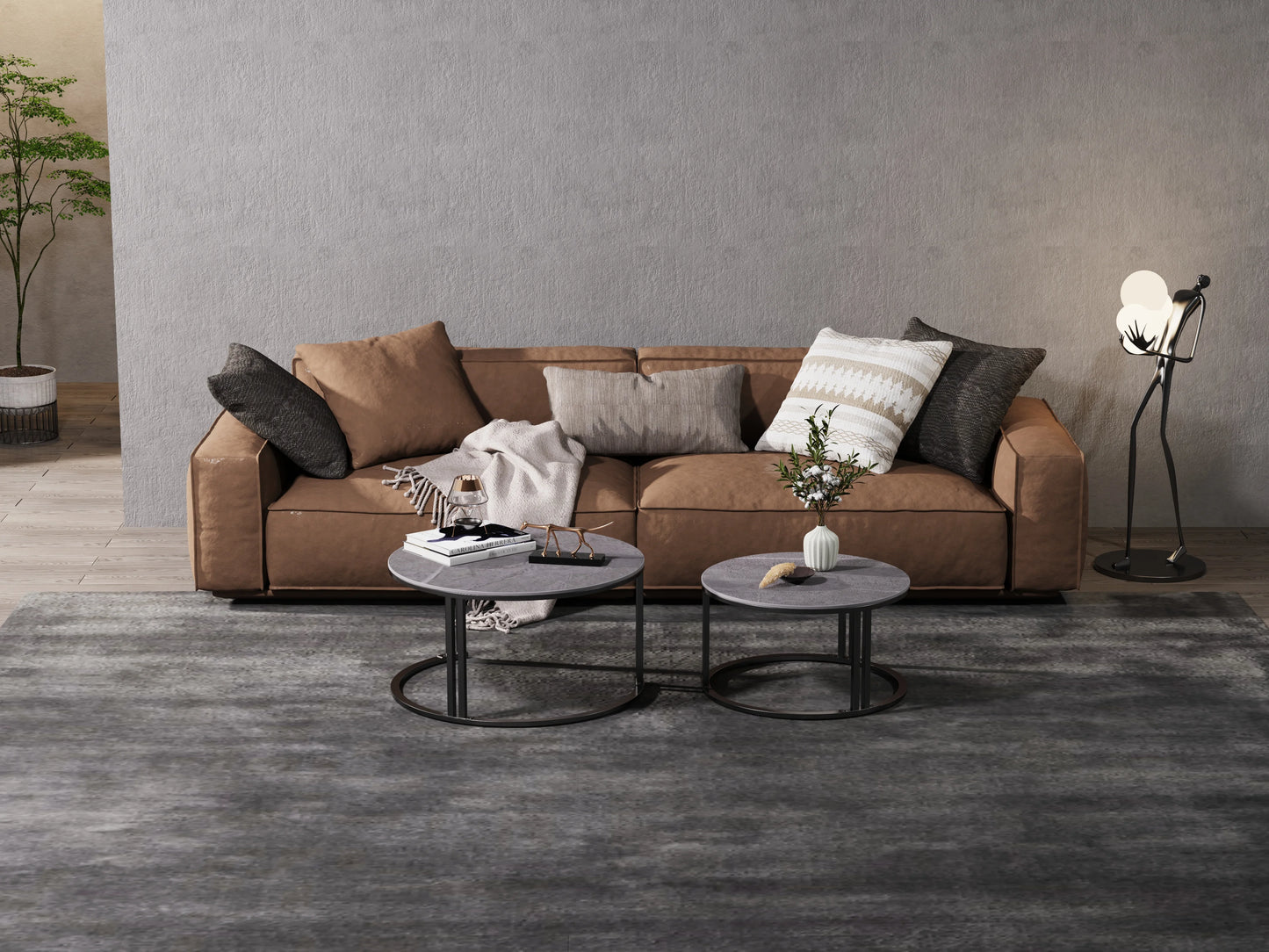Circle Nesting Coffee Table Set of 2, Modern Chic Round Nested Center Coffee Table with Sinter Stone-top Stacked Sofa Side Table