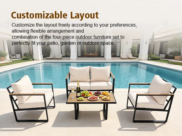 Cozy Backyard Outdoor Seating Group, Sturdy Metal Frame Patio Furniture With Plush Cushions, Loveseat, 2 Armchairs And Faux‑Wood Coffee Table, Customizable Layout Conversation Furniture, 4‑Pieces For Terrace, Yard, Garden