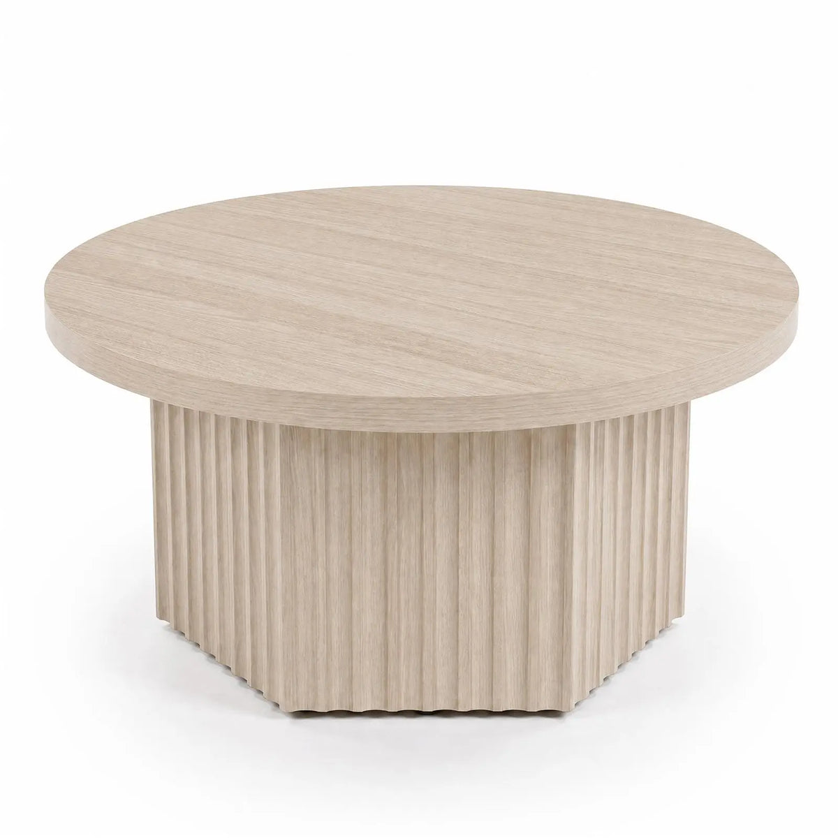 31.5 Inch Round Fluted Drum Coffee Table, Modern Wood Pedestal Table For Living Room, Apartment, Small Space, Farmhouse Boho