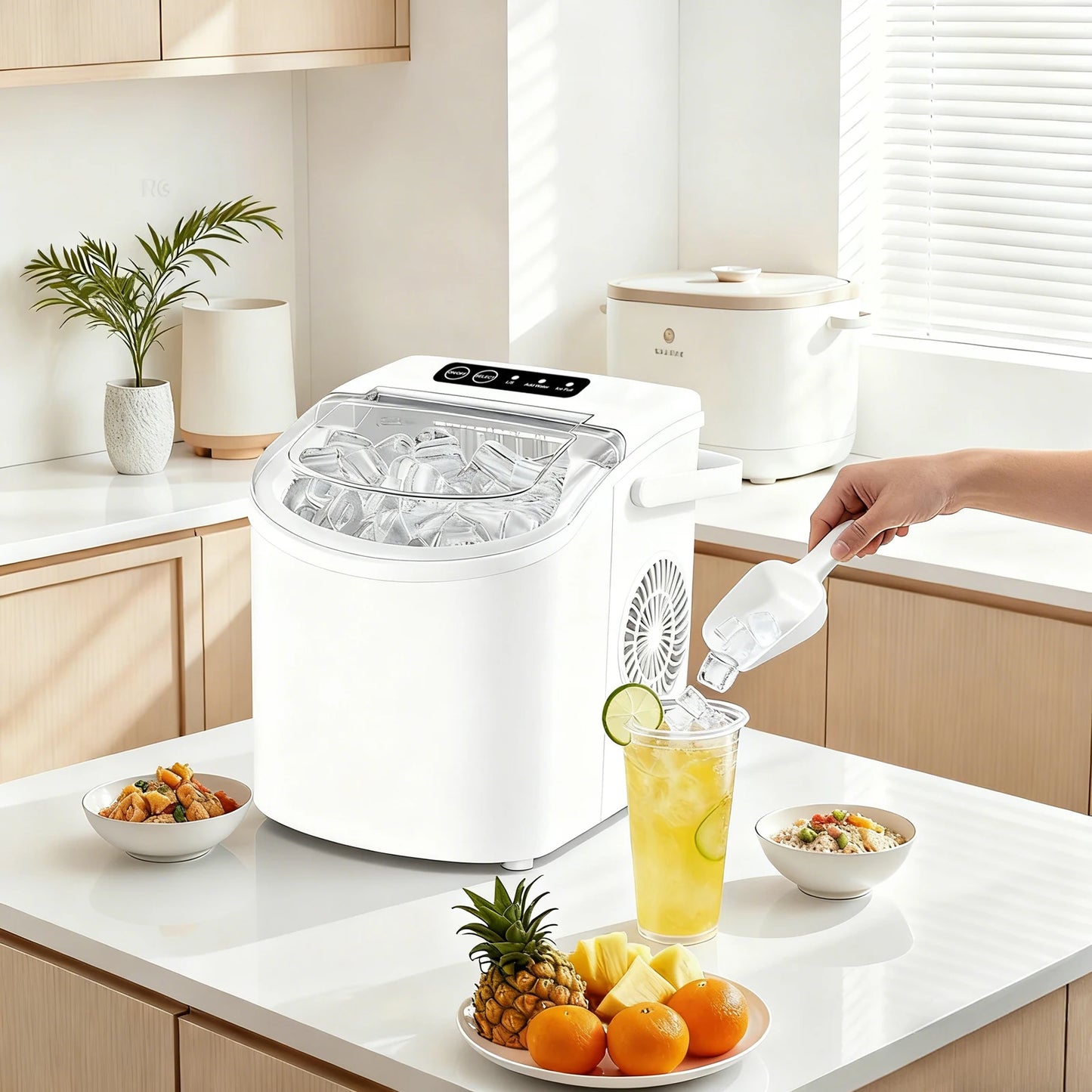 Portable ice maker that produces 9 ice cubes in 6 minutes. Daily ice production capacity: 35 pounds.WHITE