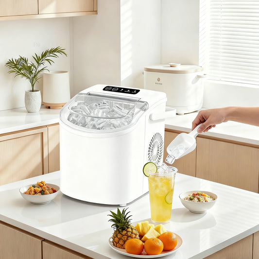 Portable ice maker that produces 9 ice cubes in 6 minutes. Daily ice production capacity: 35 pounds.WHITE
