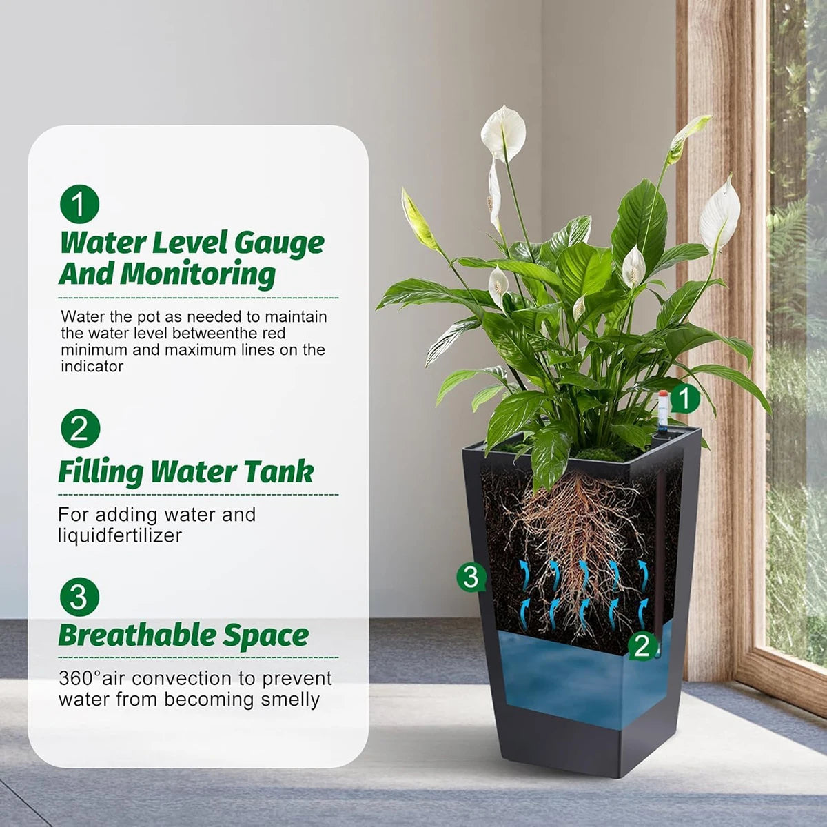 Rectangular Planters Set of 2, Large Plant Pots with Drainage Holes＆Water Level Monitor for Outdoor Indoor Patio Porch Rooms